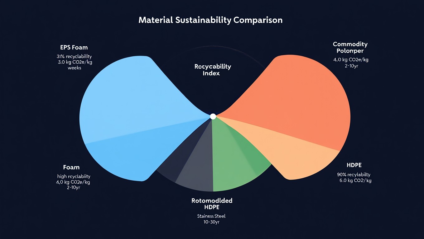 A comparative material sustainability matrix showing recyclability index, carbon intensity per kilogram, and average product lifespan for EPS foam, commodity polyester, rotomolded HDPE, and stainless steel, used in corporate promotional product manufacturing.